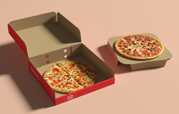 Double-decker pizza box showcasing two pizzas with a smart separator pad, designed for cost-effective and eco-friendly pizza delivery.